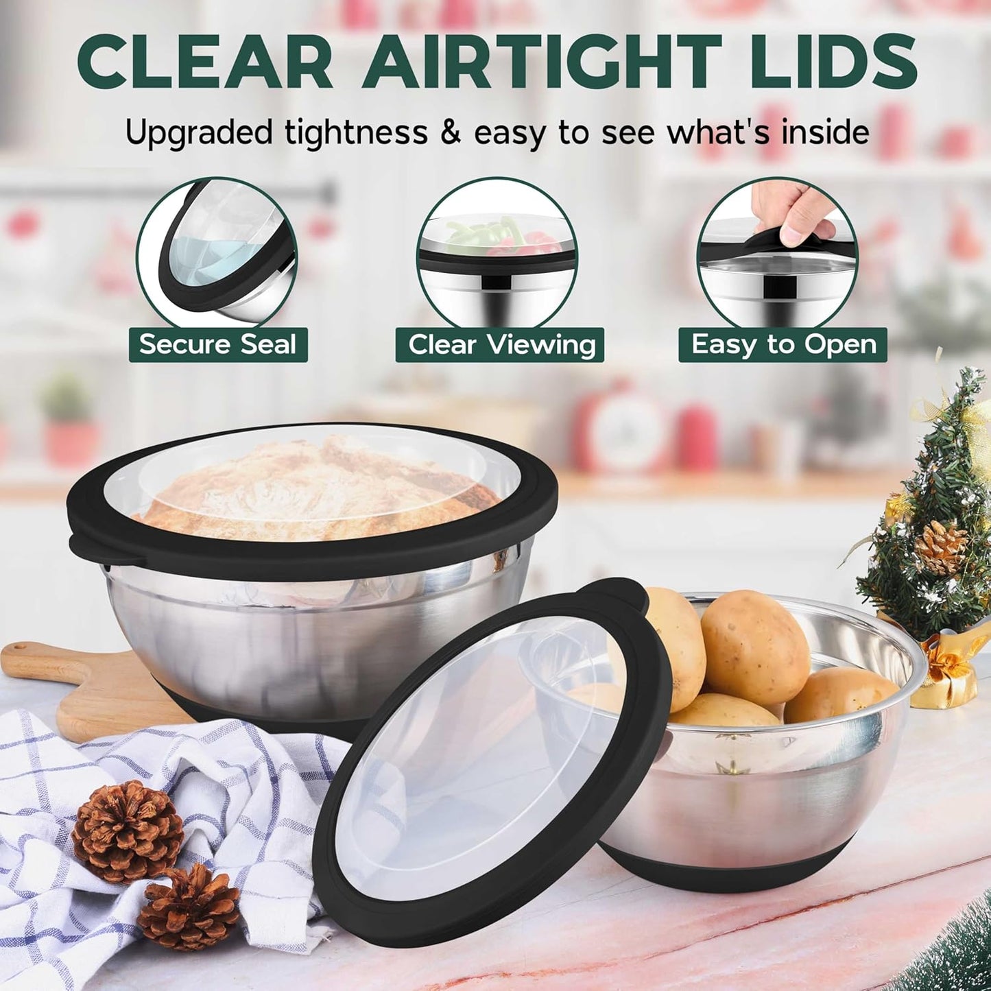 Mixing Bowls with Lids Set of 6 for Kitchen, Stainless Steel Metal Nesting Bowls with Non-Slip Bottom Black - Size 1, 1.5, 2, 2.6, 3.5, 7QT