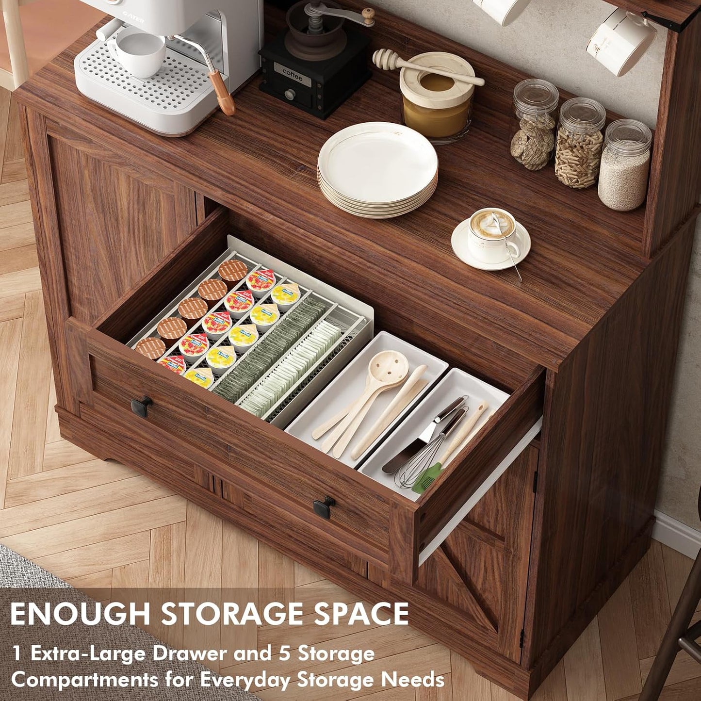 Wnutress Farmhouse Coffee Bar Cabinet with Drawer, 39" Kitchen Hutch Sideboard Buffet Cabinet with Charging Station and Adjustable Shelves, Coffee Bar Storage Table for Living Room, Dining Room, Brown