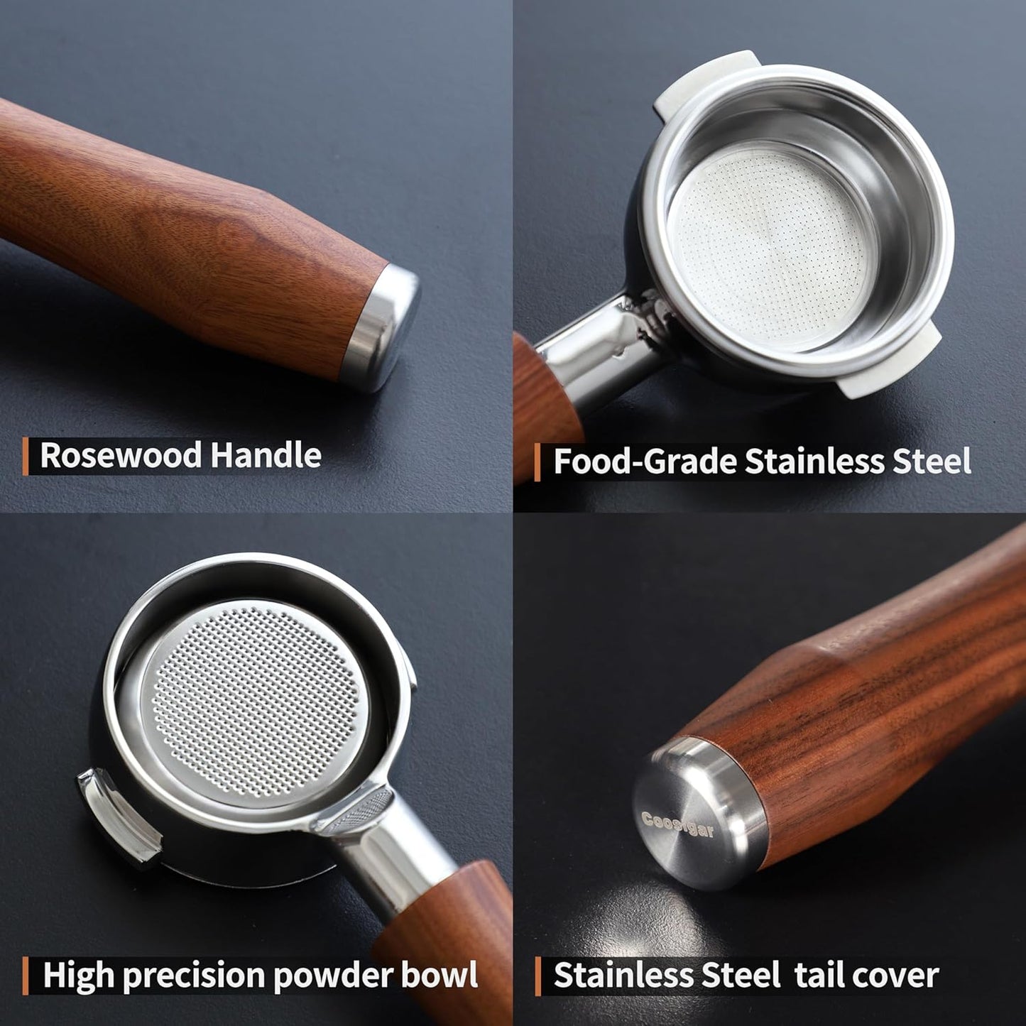 58mm Bottomless Portafilter | Fits for E61 Group Head 2 Ears machines| Stainless Steel portafilter and Rosewood Handle|Espresso Machine Accessories(Rosewood)