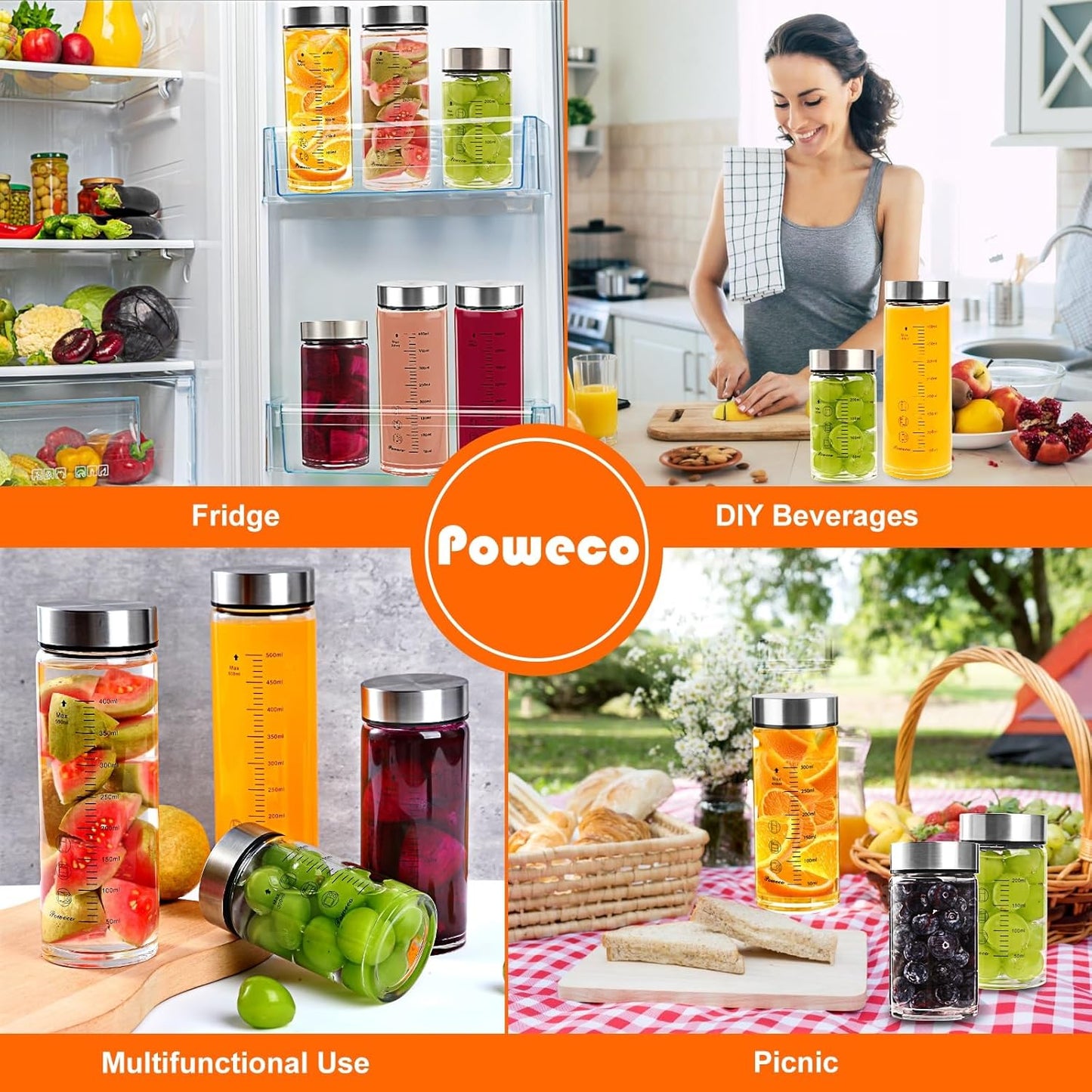 Glass Juice Bottles 6 Pack 10 oz - Wide Mouth Glass Water Bottles with Lids - for Juicing, Protein, Smoothie, Milk, Reusable, BPA Free, Stainless Steel Lids, Blender, Shaker Bottle (10oz/300ml)