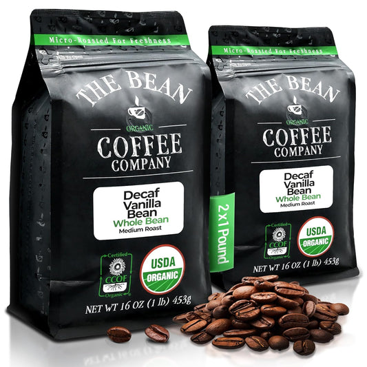 The Bean Organic Coffee Company Water Processed DECAF Vanilla Bean, Medium Roast, Whole Bean Coffee, 16-Ounce Bags (Pack of 2)