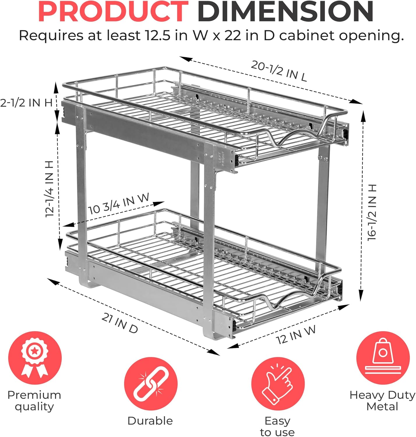 HOLDN’ STORAGE Two Tier Pull Out Cabinet Organizer, Individual Sliding Drawers - Heavy Duty Metal with Lifetime Limited Warranty - Anti Rust Chrome Finish - 12" W x 21”D x 16.5" H