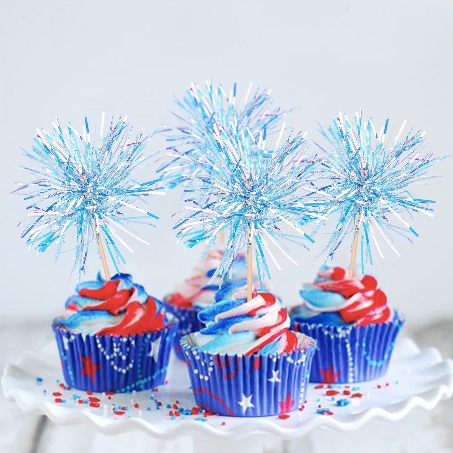 30 PCS Foil Firework Cupcake Toppers Happy Birthday Cupcake Toppers Sparkle Tinsel Flower Drink Stirrers Cocktail Fruit Toothpicks for Valentine's Day Baby Shower Party Cake Decor Supplies Blue