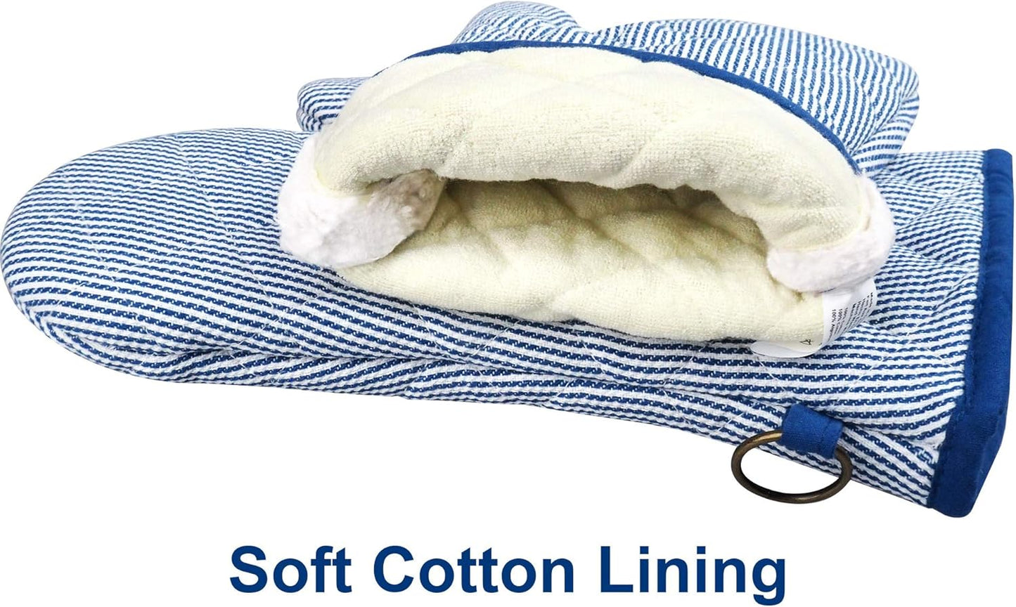 1 Pair Yarn Dyed Oven Mitts 100% Cotton Heat Resistant 470 Degree Gloves Men Women Cooking Baking Barbecue BBQ Microwave Crafting Machine Washable Pot Holders Mittens (blue2)