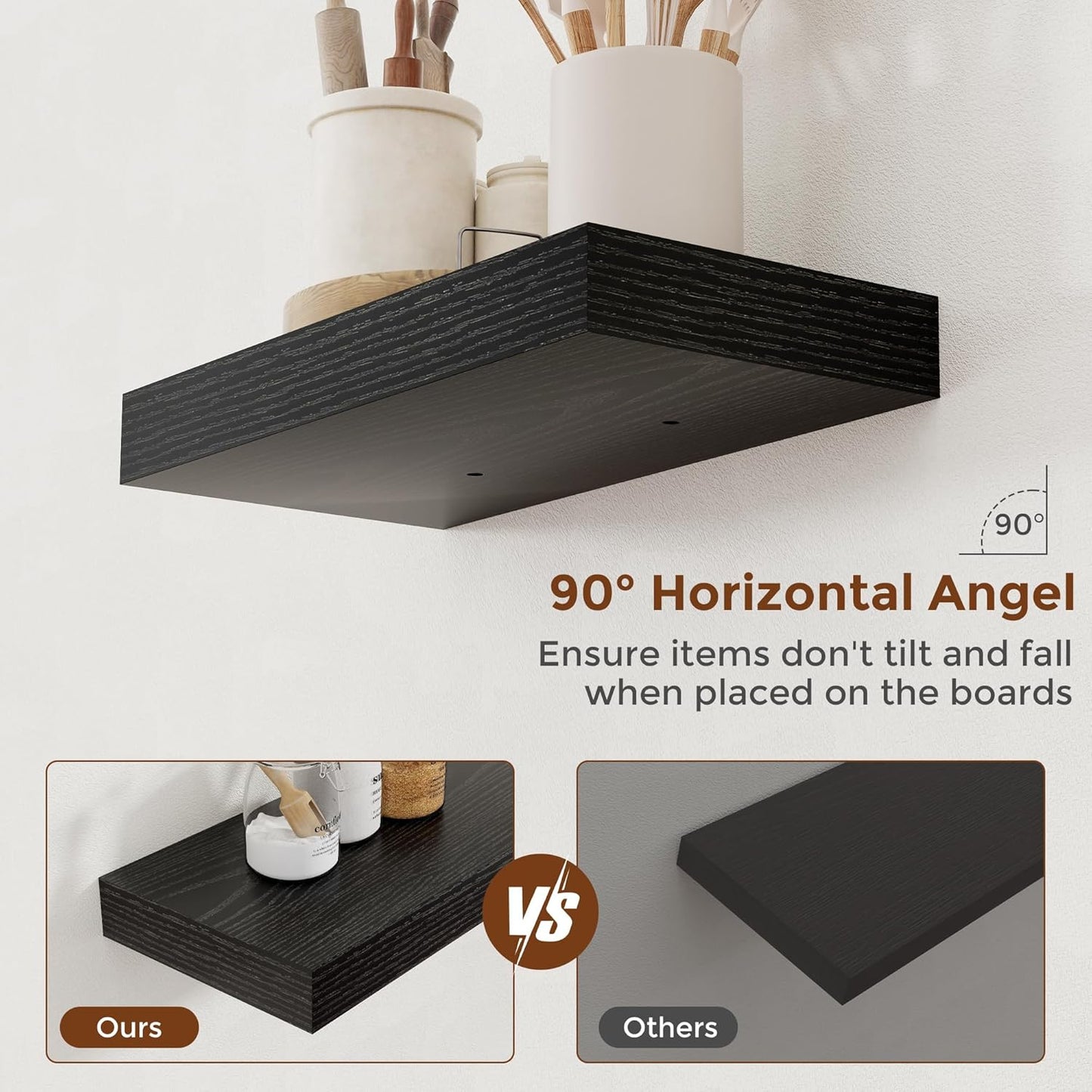 Heimlove 16 Inch Floating Shelves for Wall Black Shelves Set of 2,Wall Mounted Rustic Wood 8 Inch Deep Floating Shelf with Invisible Brackets for Bedroom Kitchen Living Room