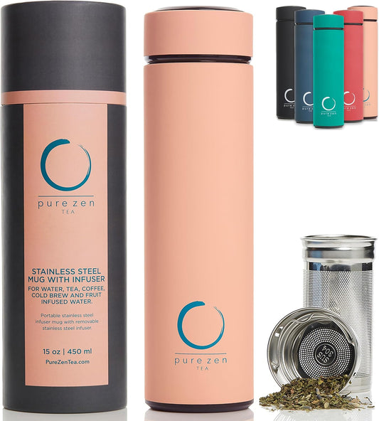 Pure Zen Tea Thermos with Infuser for Hot and Cold Infusions - Stainless Steel - Tea Infuser Bottle - Leakproof Travel Mug with Filter - 15oz - Pink