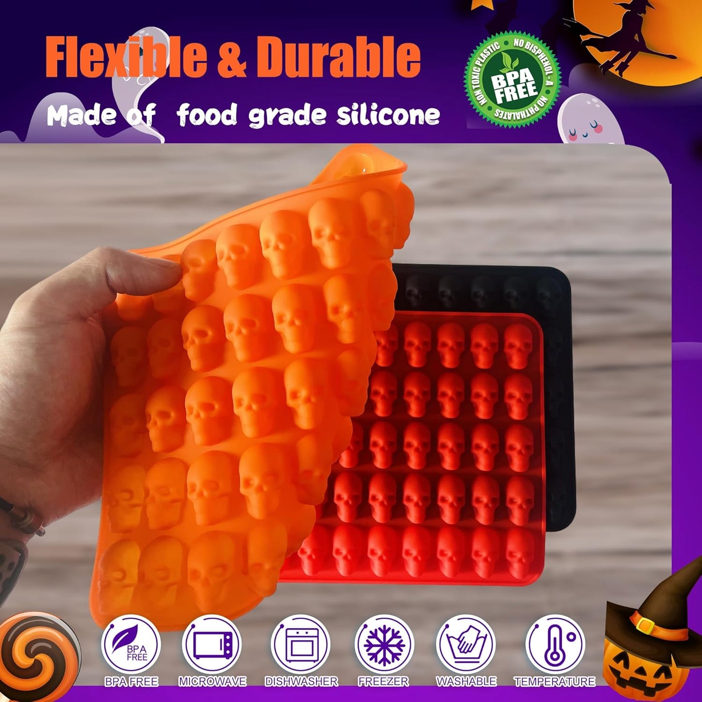 3 Pack Halloween Gummy Skull Candy Molds Silicone,Halloween Mini Skull Mold with 2 Droppers for Chocolate, Candy,Ice Cube - Orange，Red，Black