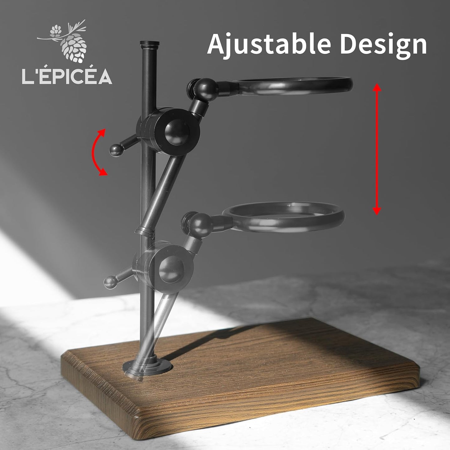 L'ÉPICÉA Pour Over Coffee Maker Set, Pour Over Coffee Maker with Stand, Adjustable Stainless Steel Stand, Wooden Base, Paper Filters, Cone Glass Carafe, Pour Over Coffee Dripper (Black)