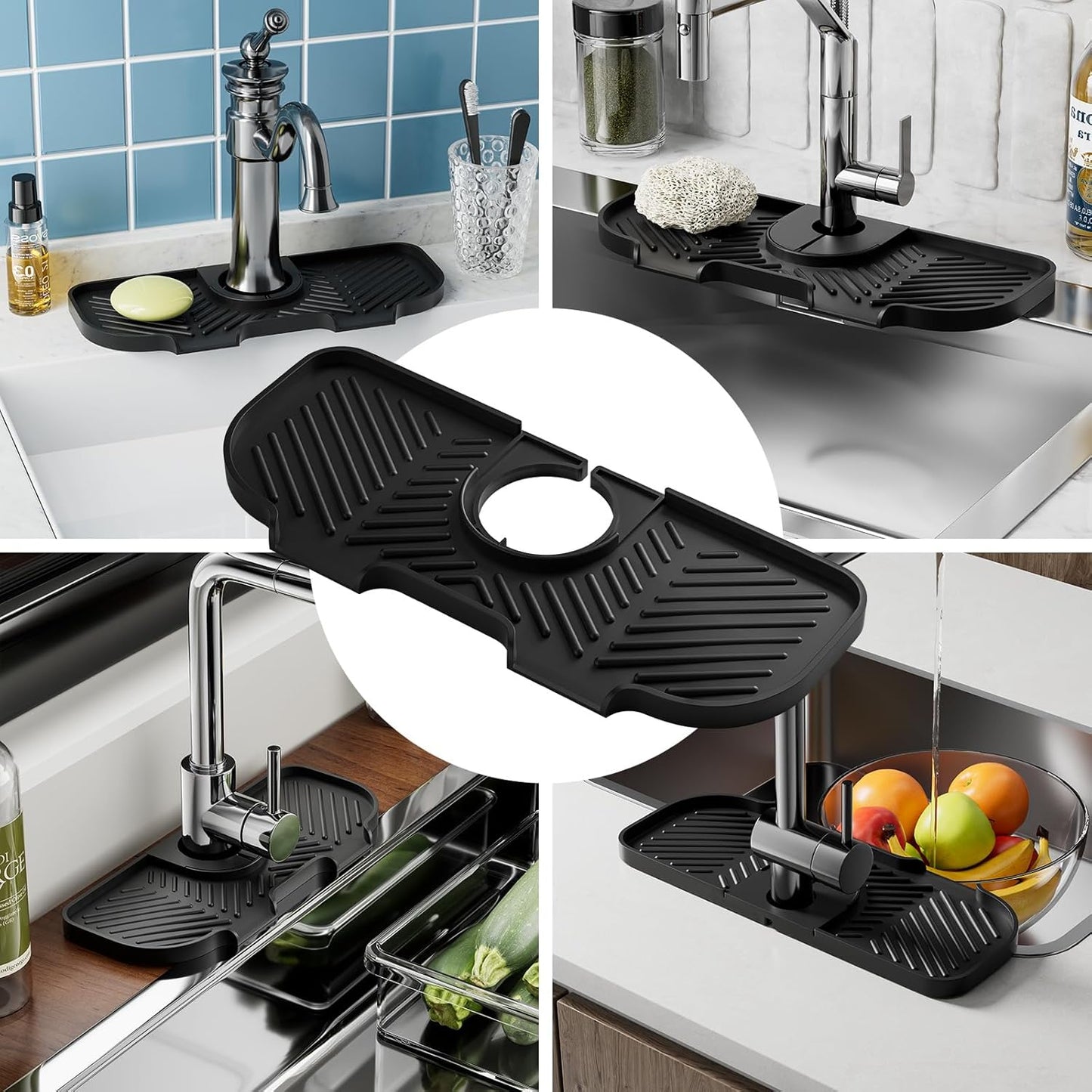 Faucet Mat for Kitchen Sink，6° Slope Sink Splash Guard，Splash Guard for Kitchen Sink，Kitchen Sink Splash Guard for Dish Soap Sponge Holder，Silicone Faucet Guard & Draining Mat-Black