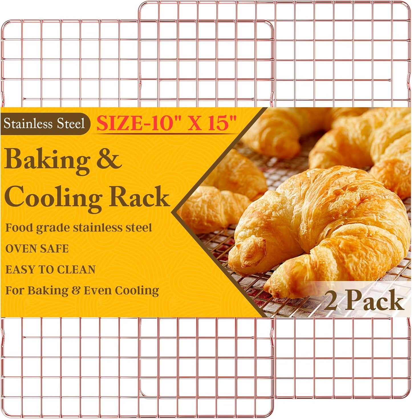 2-Pack Cooling Racks for Cooking and Baking - 10" x 15"Heavy Duty Stainless Steel Wire Rack for Baking, Grilling, Roasting - Oven & Dishwasher Safe - Fits Jelly Roll Sheet Pan（Rose Gold）