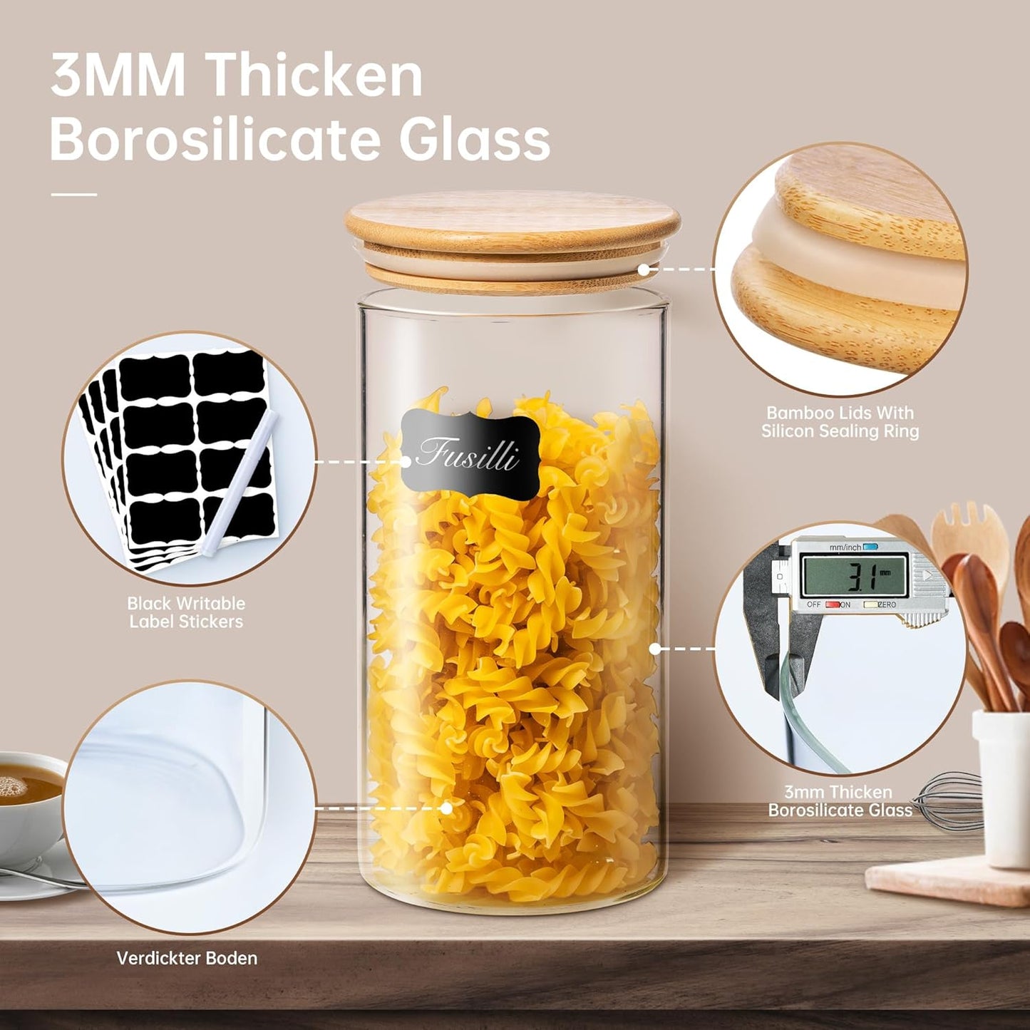 32oz & 21oz - 4 Pack Glass Jars with Bamboo Lids, Glass Pantry Storage Containers with Airtight Lids, Round Air Tigh Food Storage Canisters for Cereal, Pasta, Flour, Sugar, Best for Kitchen Organizer