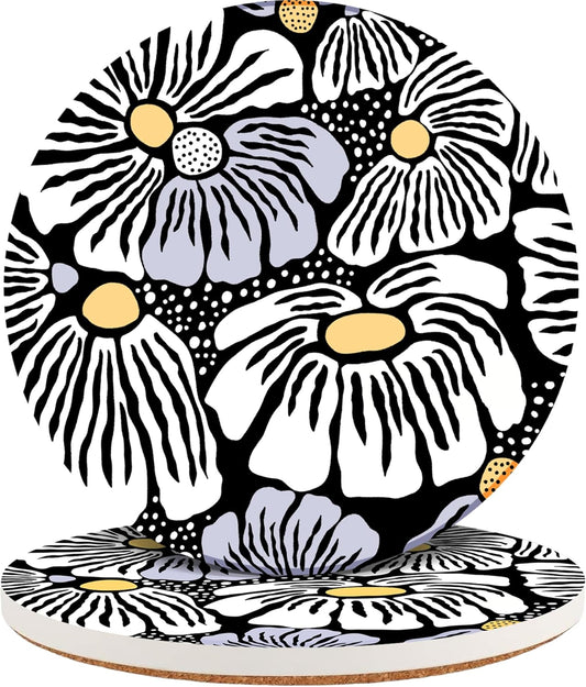 Ceramic Coasters Set of 2, Absorbent Drink Coasters with Cork Backing, Round Floral Cup Mats for Table Protection, Durable Anti-Scratch Home Kitchen Bar Décor, Housewarming Gifts – Wild Mums 2pcs