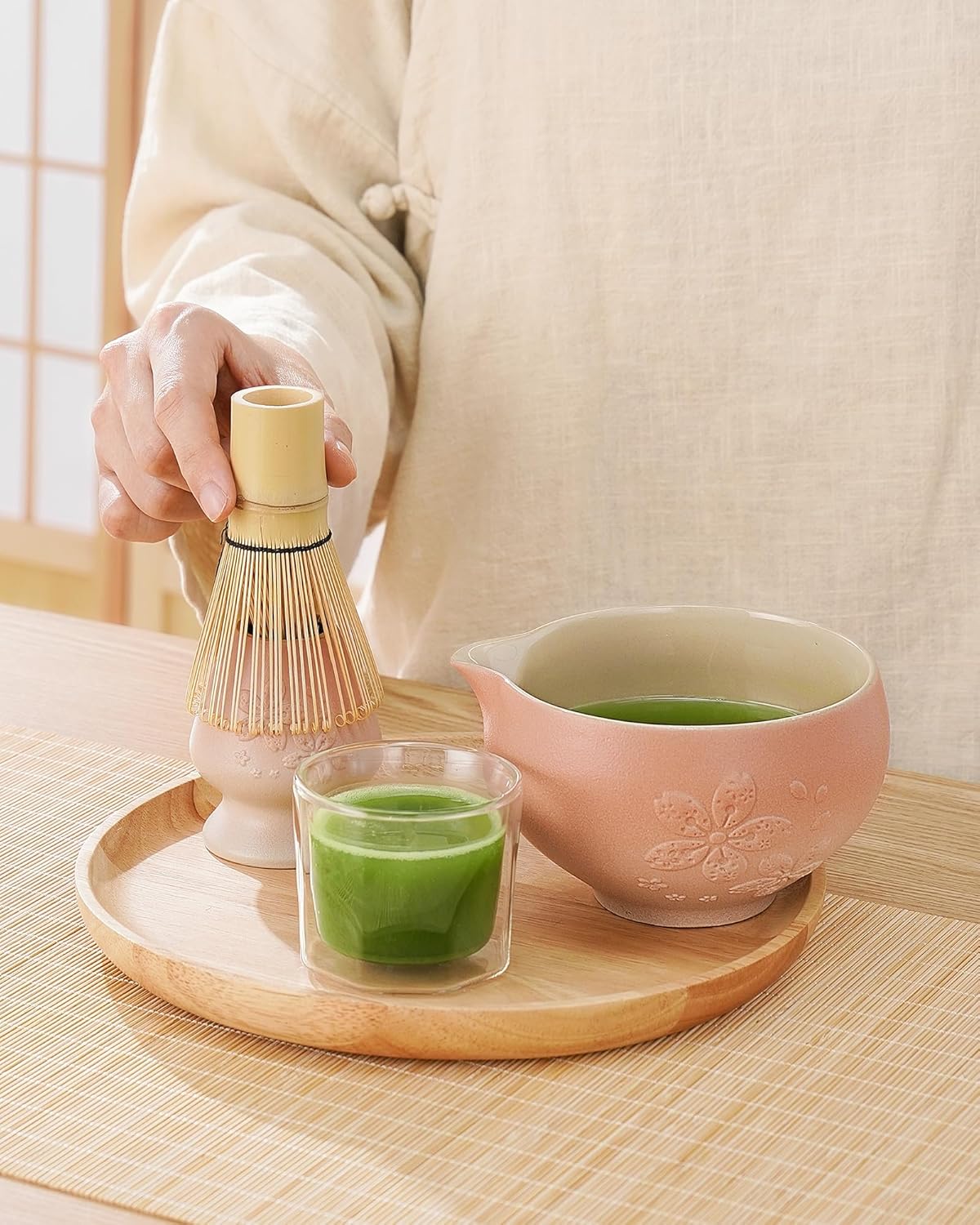 ZENS Matcha Whisk Set, Pink Ceramic Matcha Bowl with Embossed Sakura, 6pcs Matcha Tea Kit Includes Bamboo Whisk, (Chasen Holder) Scoop & Sifter, Tea Towel for Matcha Ceremony, Pink