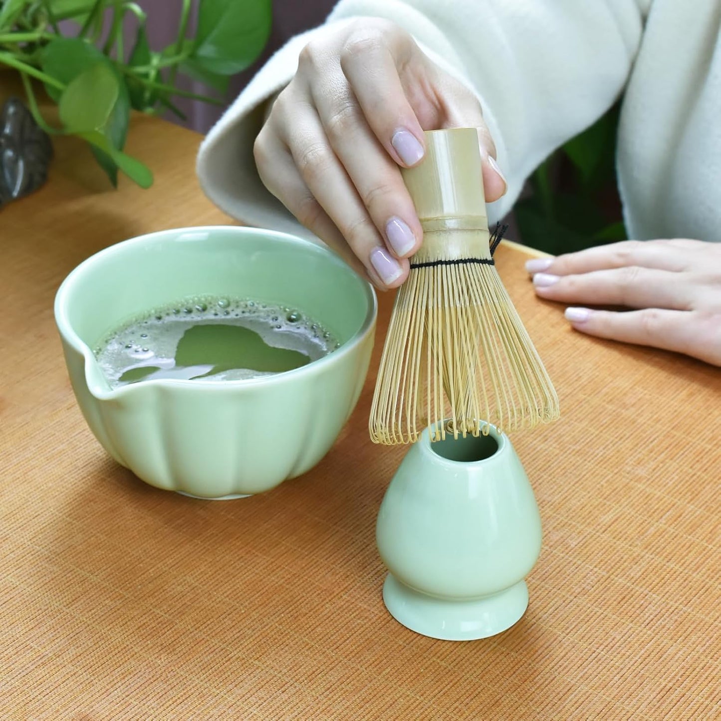 Artcome 4 Pcs Japanese Matcha Tea Set - Matcha Bowl with Pouring Spout, Matcha Whisk, Tea Scoop, Whisk Holder, Handmade Matcha Ceremony Kit For Japanese Tea Ceremony, Green
