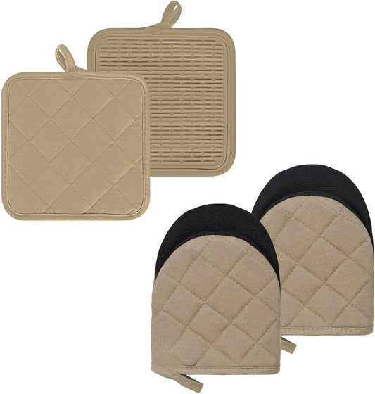 Oven Mitts and Pot Holders Set, Pack of 4, Heat Resistant Silicone Kitchen Mini Oven Mittens for 500 Degrees, Mini Oven Gloves and Hot Pads for Baking Grilling Barbecue Microwave Machine Washable