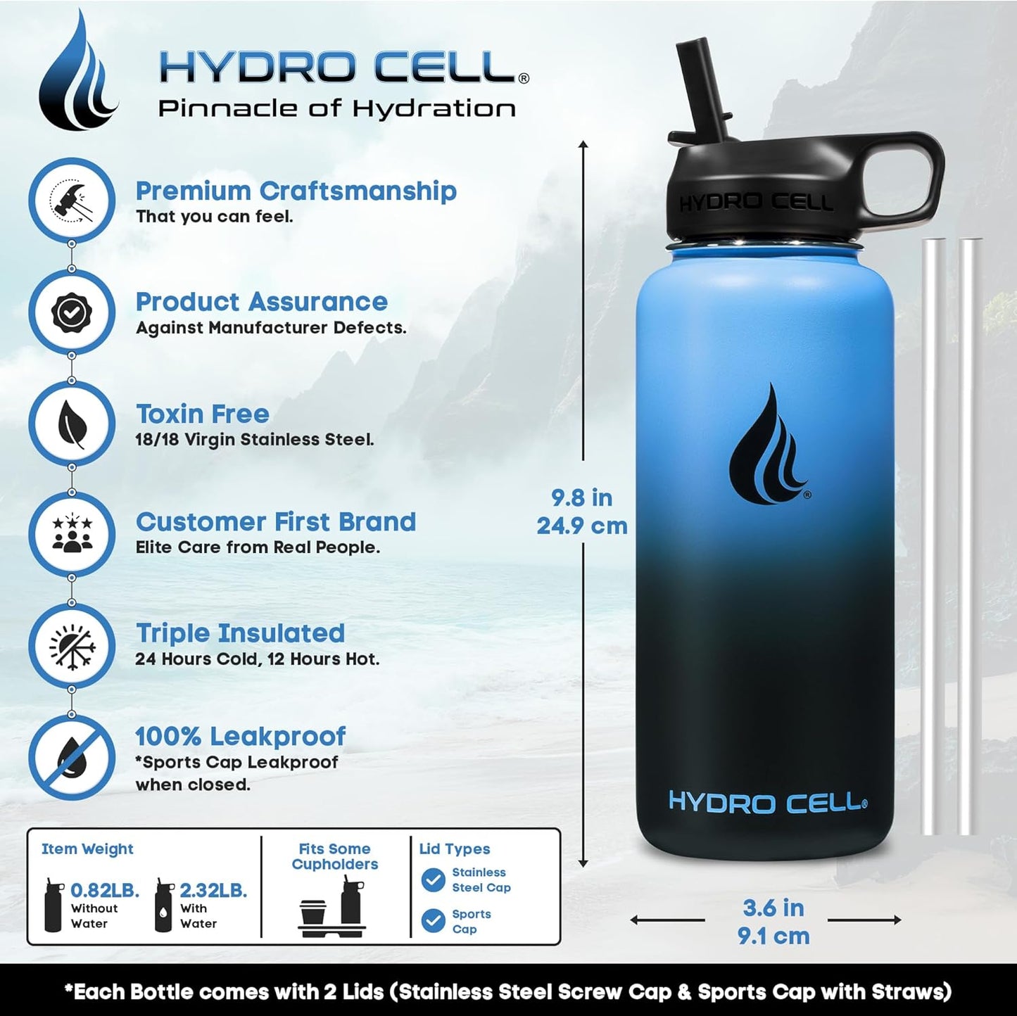 HYDRO CELL Stainless Steel Insulated Water Bottle with Straw - For Cold & Hot Drinks - Metal Vacuum Flask with Screw Cap and Modern Leakproof Sport Thermos for Adults (Blue/Black 32oz)