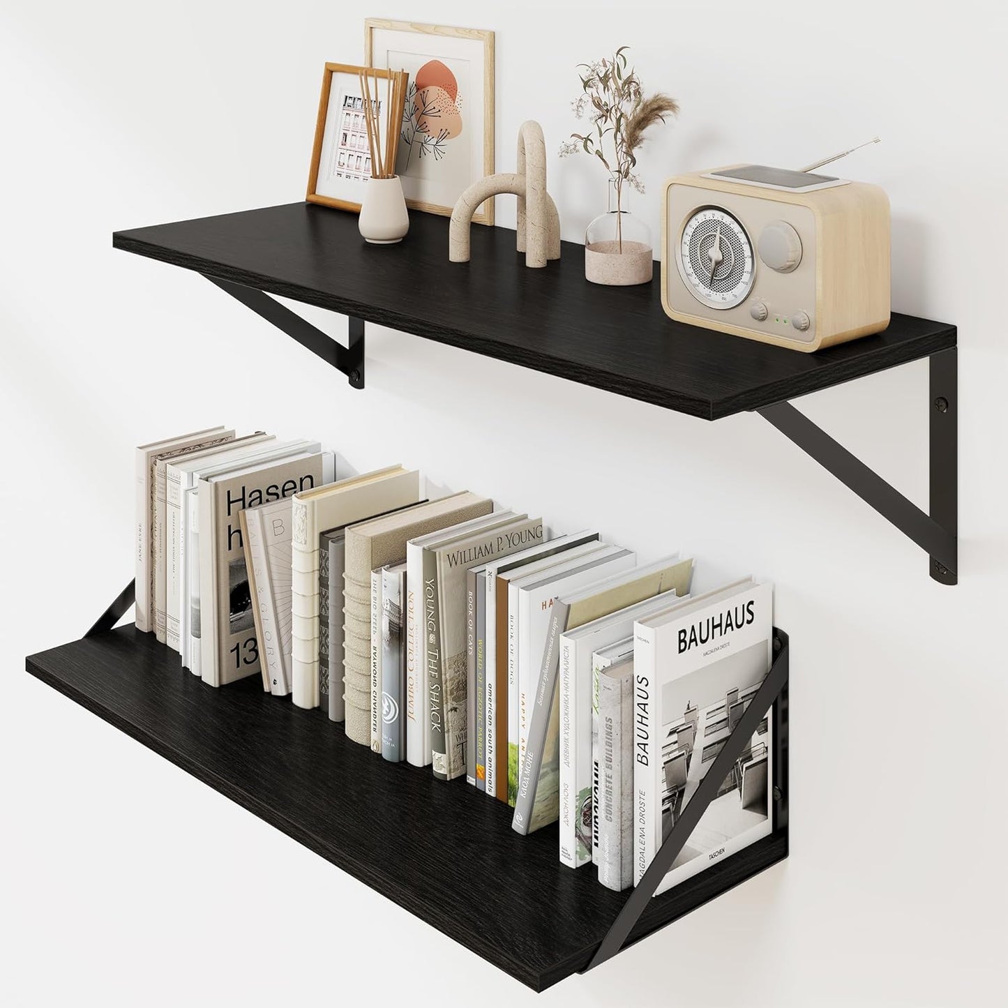 Heimlove Black Deep Floating Shelves for Wall, 24W x 8D Wood Wall Shelves Set of 2, Wide Floating Bookshelf for Living Room, Kitchen, Office, Bedroom and Decor Storage, with Metal Bracket - Black