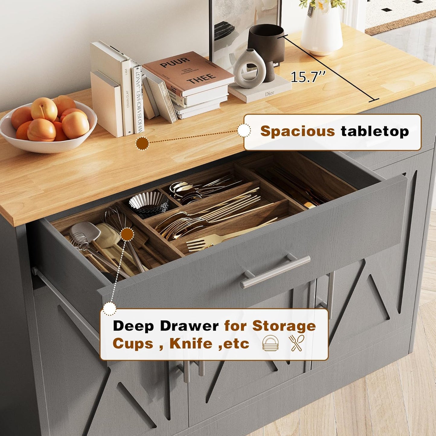 Vongrasig Sideboard Buffet Cabinet with Storage, 43” Farmhouse Coffee Bar Storage Cabinet with Drawers and Shelves, Modern Buffet Table for Kitchen, Dining Room, Grey