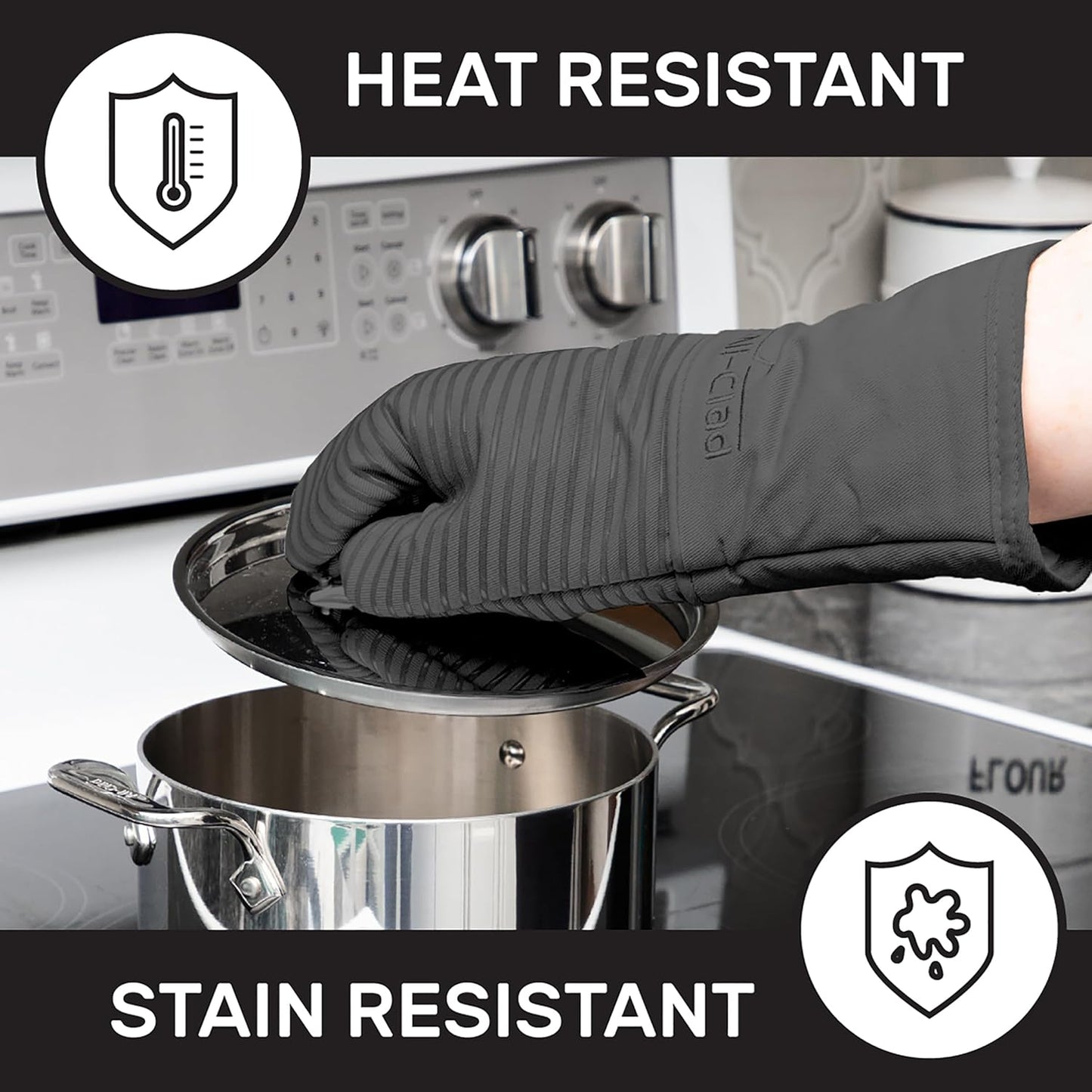 All-Clad Silicone Oven Mitts: Heat Resistant up to 500 Degrees - 100% Cotton & Silicone, 14"x7" Oven Mitt for Kitchen and Barbeque, 2-Pack, Pewter
