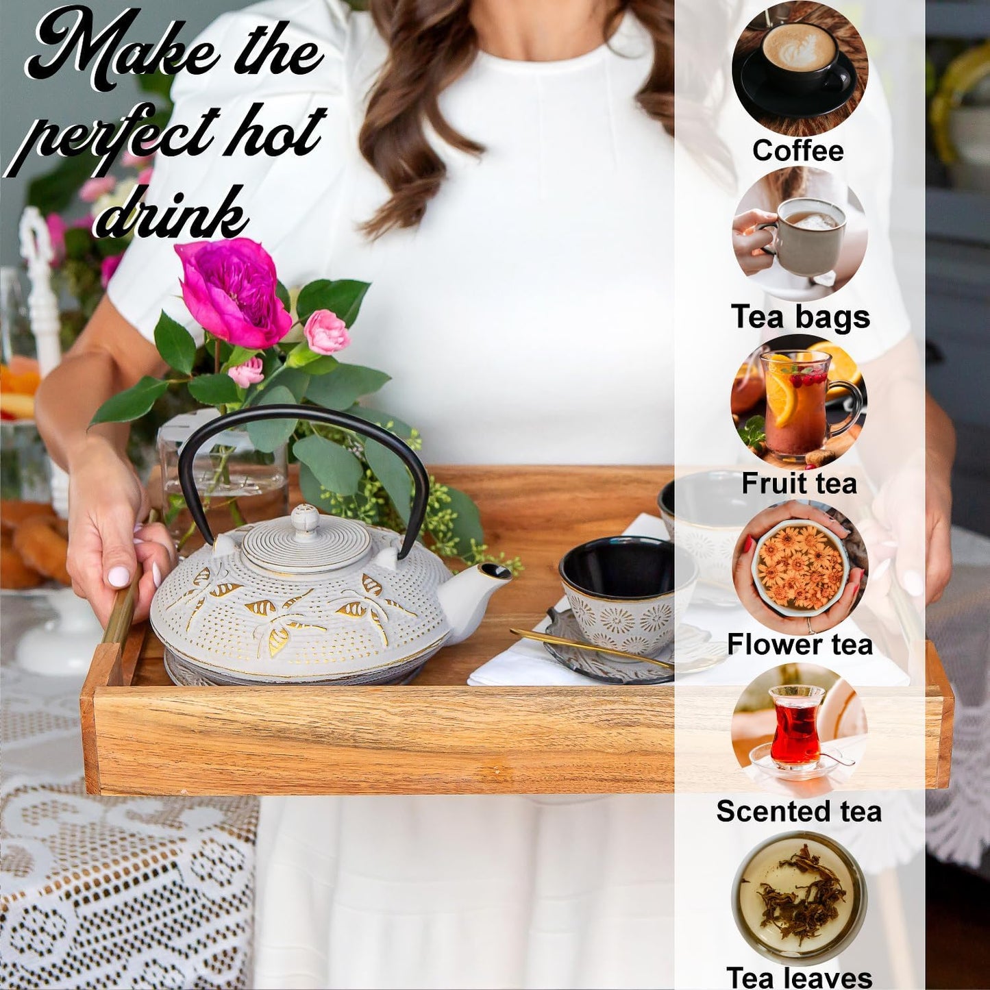 7PC Japanese Tea Set. "Sand Color" Cast Iron Tea Pot with 2 Tea Cups, 2 Saucers, Tea Infuser and Teapot Trivet. Ceremonial Matcha Accessories