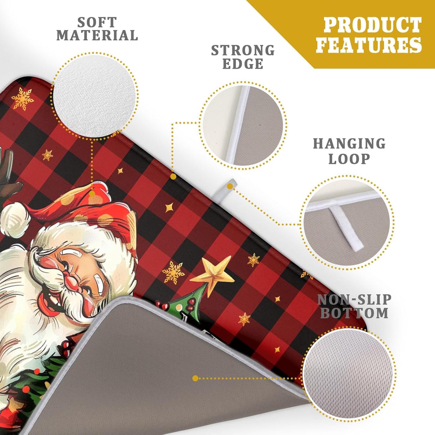 Merry Christmas Santa Claus Red Buffalo Plaid Dish Drying Mat for Kitchen Counter,Winter Snowflake Xmas Tree Drying Mat 18 x 24 Inch with Absorbent Reversible Microfiber Dish Drying Pad for Coffee Bar