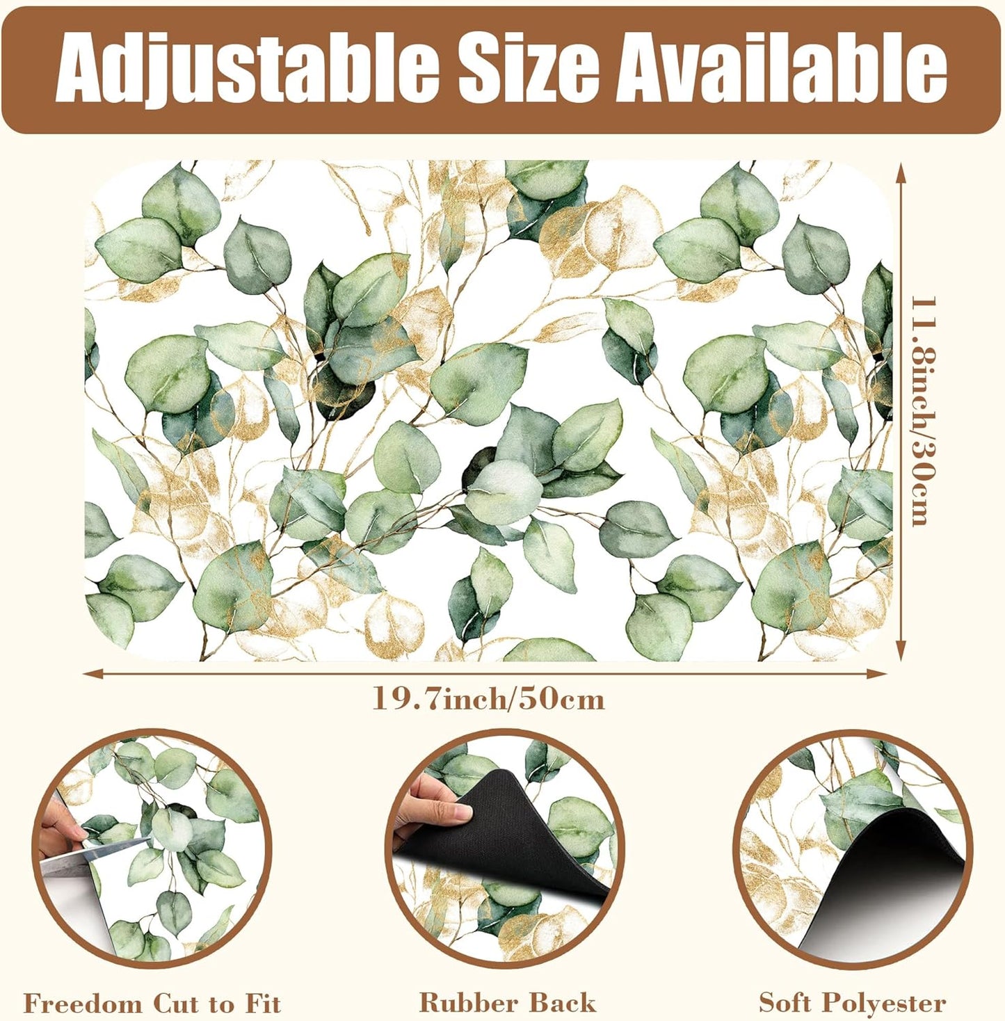 Gold and Green Eucalyptus Leaf Dish Drying Mat for Kitchen Counter Coffee Bar Mat Hide Stain Absorbent Rubber Backed Coffee Mat Coffee Maker Espresso Machine Coffee Bar Accessories 11.8 x 19.7 Inch