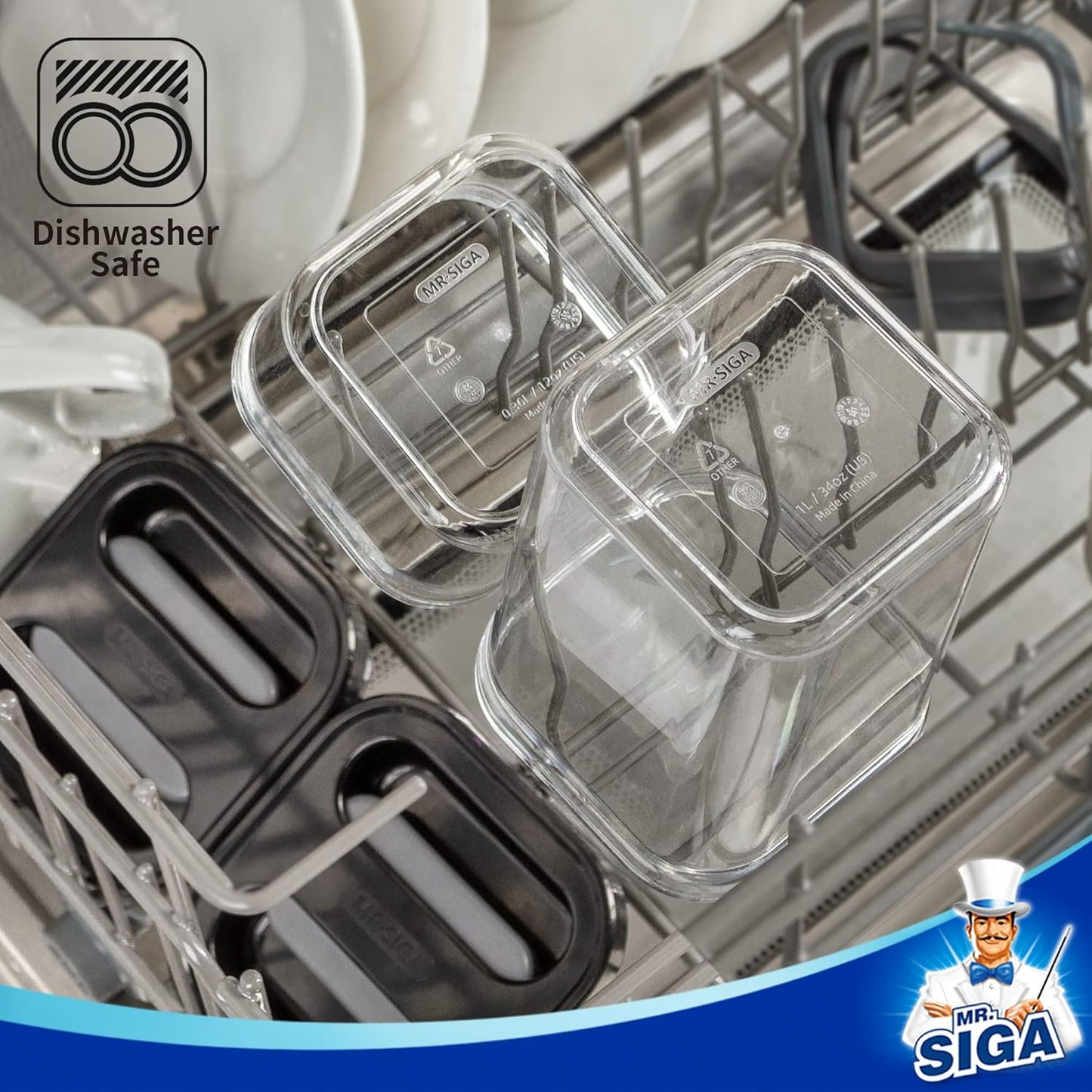 MR.SIGA 4 Pack Airtight Food Storage Container Set, BPA Free Kitchen Pantry Organization Canisters, One-handed Airtight Cereal Snack Candy Storage Containers, 1 L / 34oz, Medium, Black