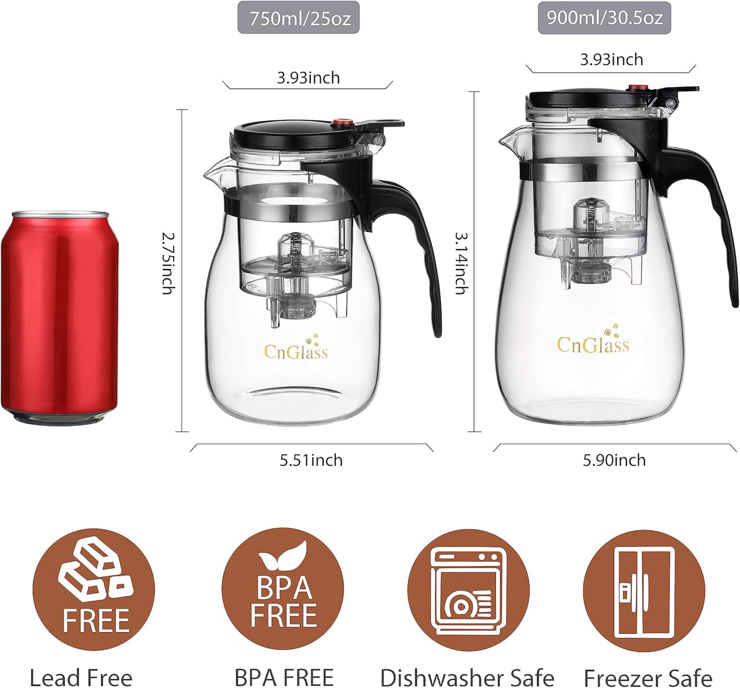 CNGLASS Glass Teapot with Removable Infuser,25oz Clear Tea Kettle with One Button Press to Filter the Tea Soup,Loose Leaf and Blooming Tea Maker