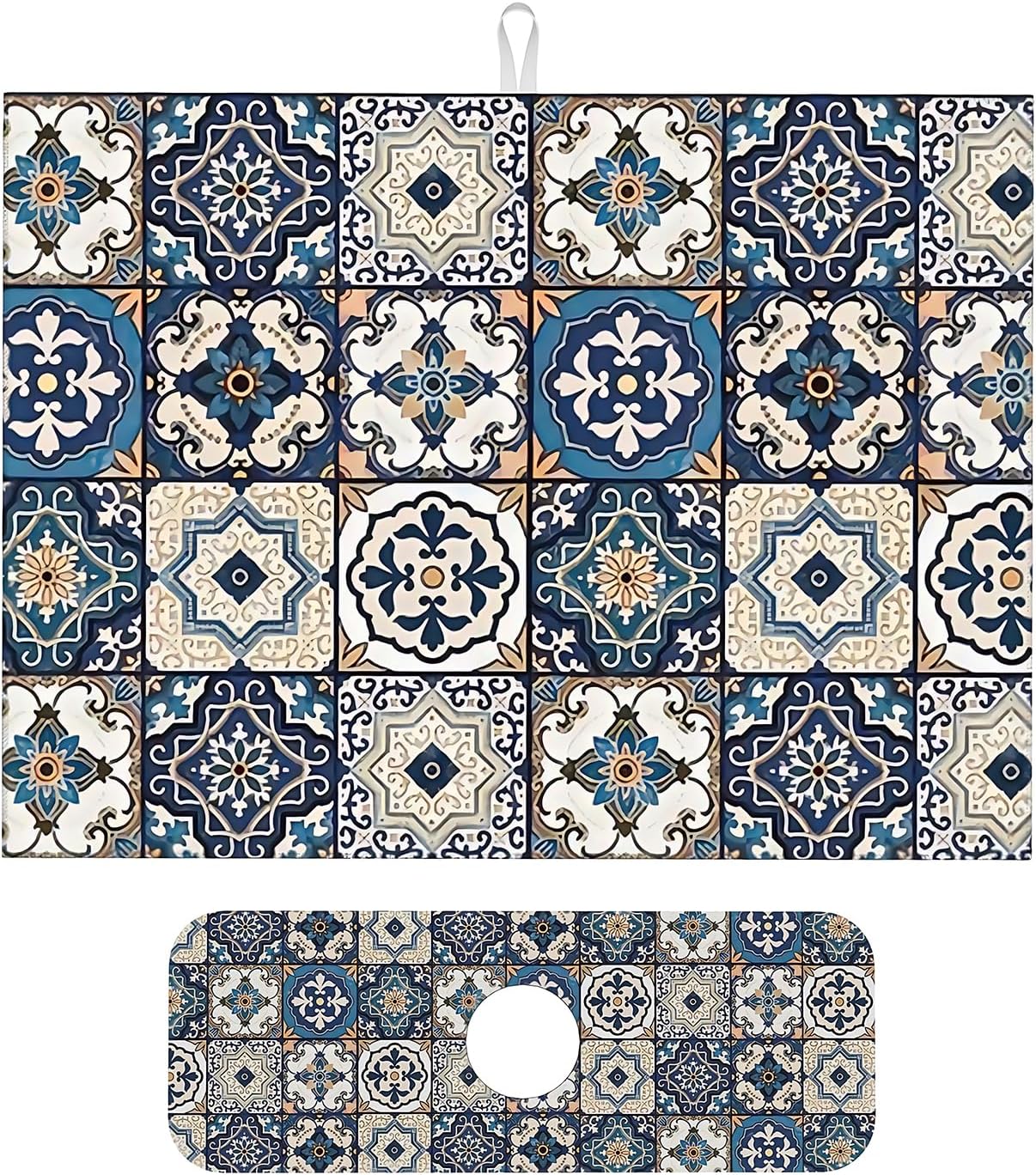 2Pcs Dish Drying Mats Faucet Mats Sets Large Size Coffee Mats Sink Faucet Mat Splash Guard for Kitchen Counter Bathroom Sink Coffee Bar Kitchen Decor (Blue Boho, 18"x24" 15" x 5.5"Set)