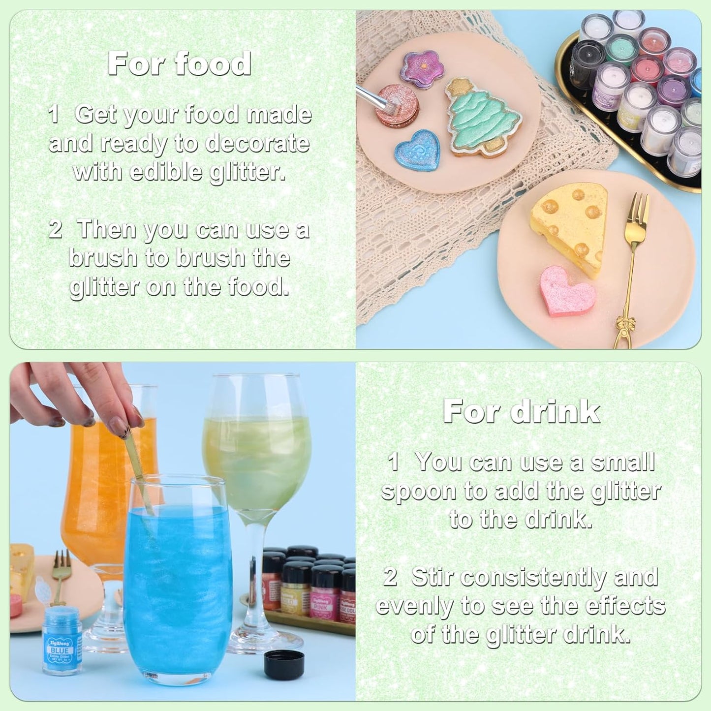 Iridescent Green Edible Glitter - 5g Food Grade Cake Decorating Shimmering Glitter, Edible Sprinkle Luster Dust for Drinks, Chocolates, Fondant, Strawberries, Cupcakes, Candy, Cookie - Vegan