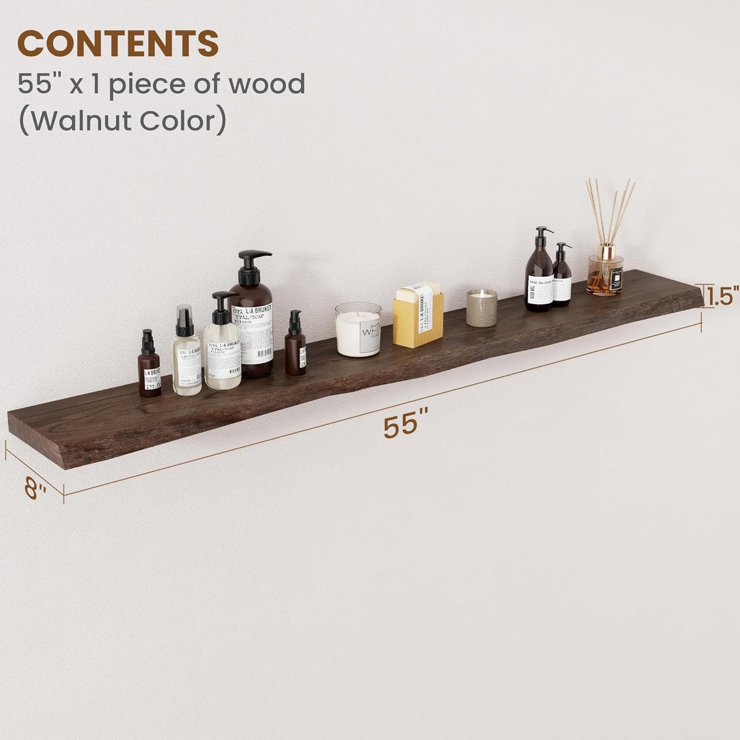 Floating Shelves for Wall Decor, Rustic Solid Elm Wood Live Edge Floating Shelves Wall Mounted, Wall Shelves with Invisible Bracket for Living Room Bathroom Bedroom Kitchen, 55 Inch, Walnut