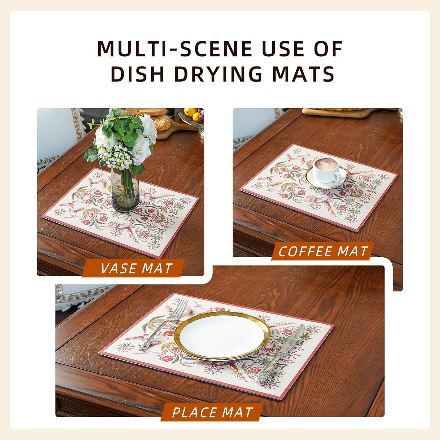 Dish Drying Mat, Absorbent Coffee Mat Rubber Backed, Soft Silicone Dish Drying Mat for Kitchen Counter or Sink for Kitchen Bathroom Coffee Bar (Birds and Flowers, 12 x 16 Inches)