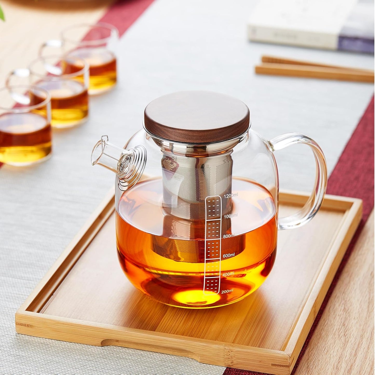 Glass Teapot With Stainless Steel Infuser 1200ml, Glass Tea Pot, Loose Leaf Tea Kettle, Glass Kettle Stovetop, Teapot With Strainer, Tea Infuser Pot Glass Teacup Tea Cups For Blooming Tea