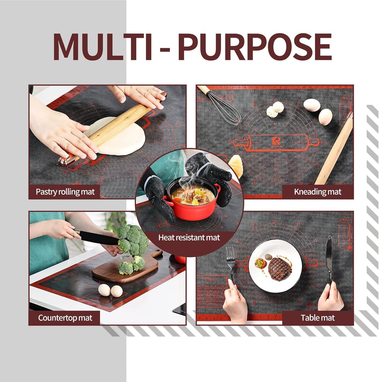 Silicone Pastry Mat Extra Large with Measurements 26''x16'' for Reusable,Non-slip Silicone Baking Mat, Counter, Dough Rolling, Oven Liner,Fondant/Pie Crust (Translucent_Red, 16''W x 26''L)
