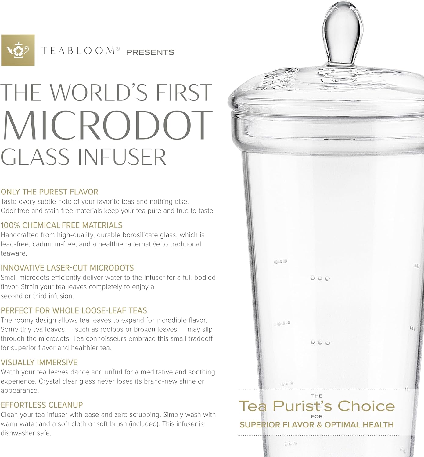 Teabloom Grand Bouquet Borosilicate Glass Tea Set for Six – Elegant 50oz Teapot with Microdot Infuser & Six 8oz Teacups – A Pure & Immersive Tea Experience – Tea Purist's Choice