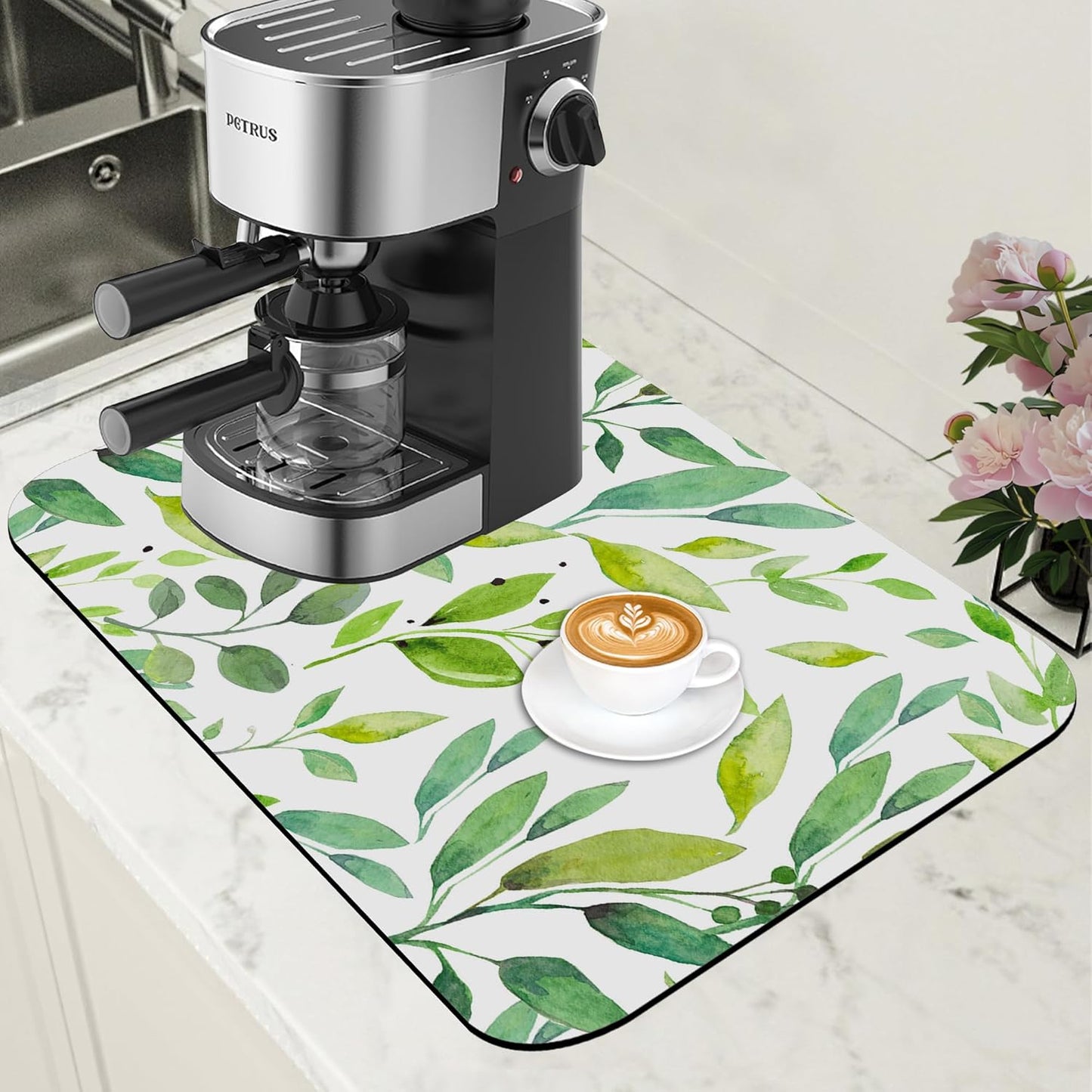 Dish Drying Mat Watercolor Green Leaves Coffee Bar Mat for Countertop Absorbent Hide Stain Rubber Backed Dish Drainer Rack Pad Espresso Machine Cafe Table Decor 11.8 x 19.7 Inch