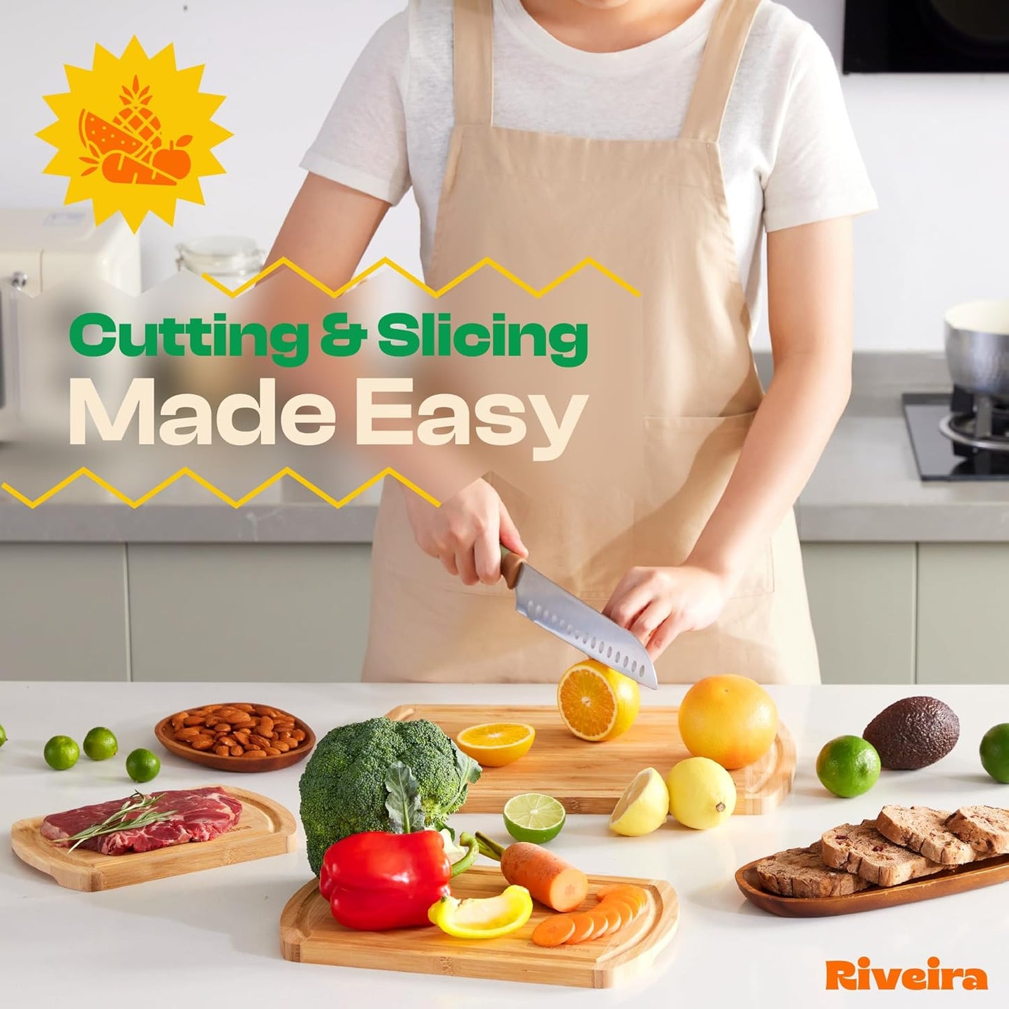 Riveira Two Tone Bamboo Wood Cutting Board – Versatile And Durable: Set Of 3 Pcs Rectangular Wooden Cutting Board – Natural Wooden Cutting Boards For Kitchen – Complete Bamboo Wooden Chopping Board