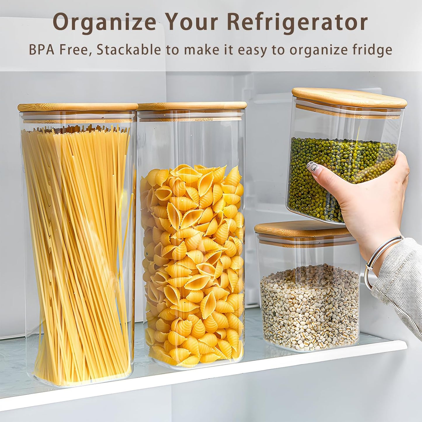 Square Storage Containers with Lids, Clear Food Storage Container Jar with Sealing Bamboo Lid for Noodles Flour Cereal Rice Sugar Tea Coffee Beans