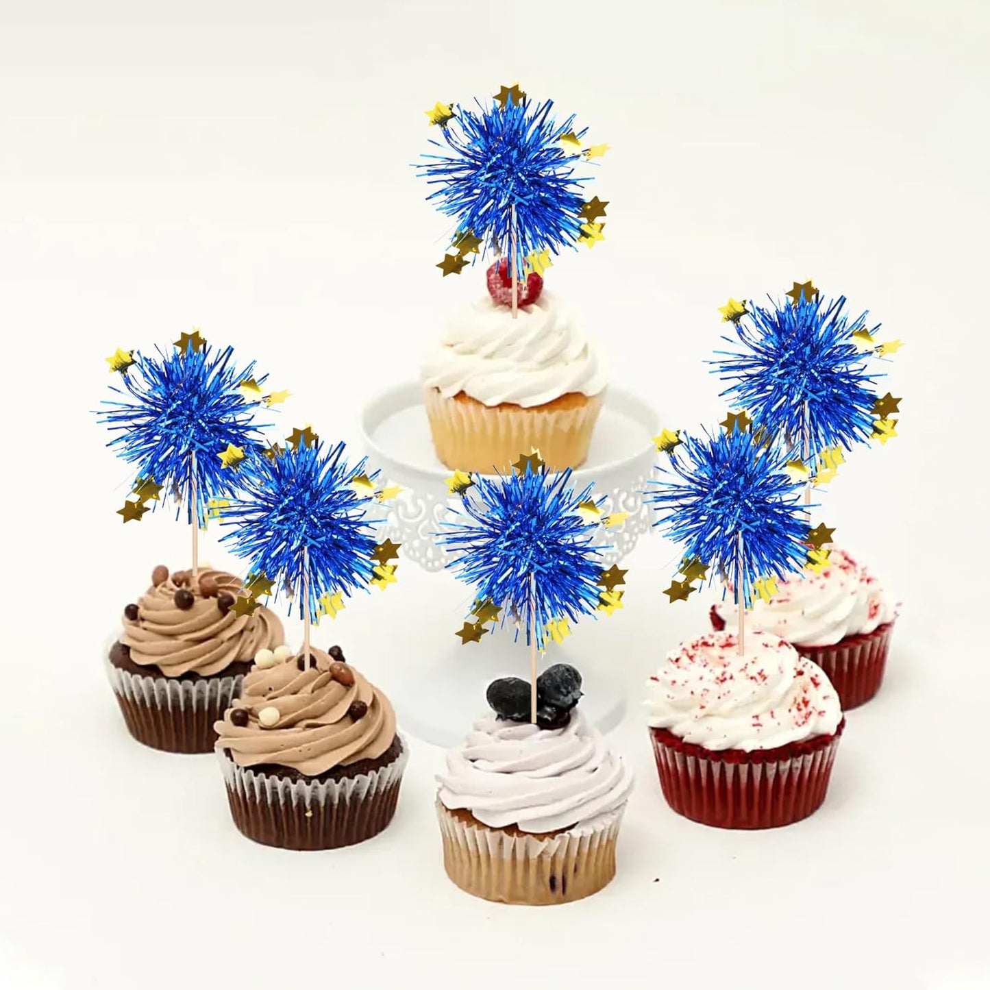 30 PCS Foil Firework Cupcake Toppers Happy Birthday Star Cupcake Picks Sparkle Tinsel Drink Stirrers Cocktail Fruit Toothpicks for Valentine's Day Wedding Birthday Party Decorations Supplies Blue