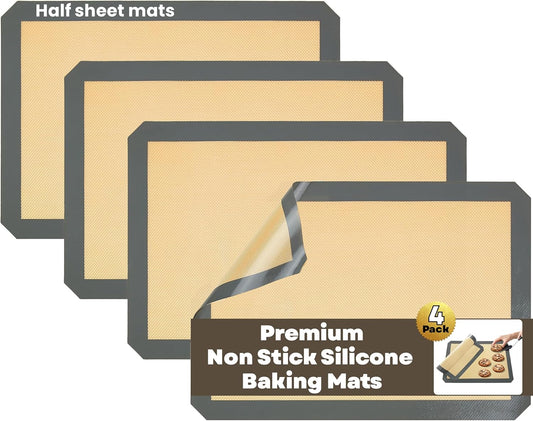 Silicone Baking Mats Half Sheet Non Stick for Oven Reusable 4 Pack - Thick Heavy Duty Silicone Baking Mat Cookie Sheet 1/2 Size for Macaron & Pastry - Half Size Rectangular Cooking Oven Liner Pad