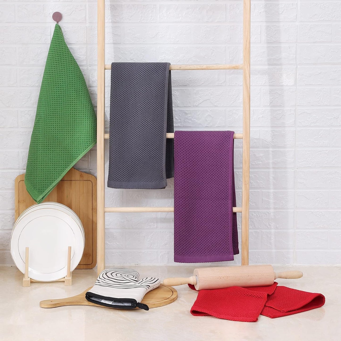 Homaxy 100% Cotton Waffle Weave Kitchen Dish Towels, Ultra Soft Absorbent Quick Drying Cleaning Towel, 13 x 28 Inches, 8-Pack, Grass Green