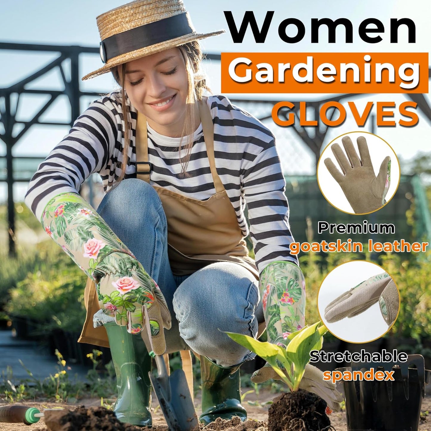 HANDLANDY Leather Gardening Gloves for Women, Scratch Resistant Breathable Ladies Rose Pruning Garden Gauntlet Yard Gloves, Gift for Gardeners (Khaki, L)