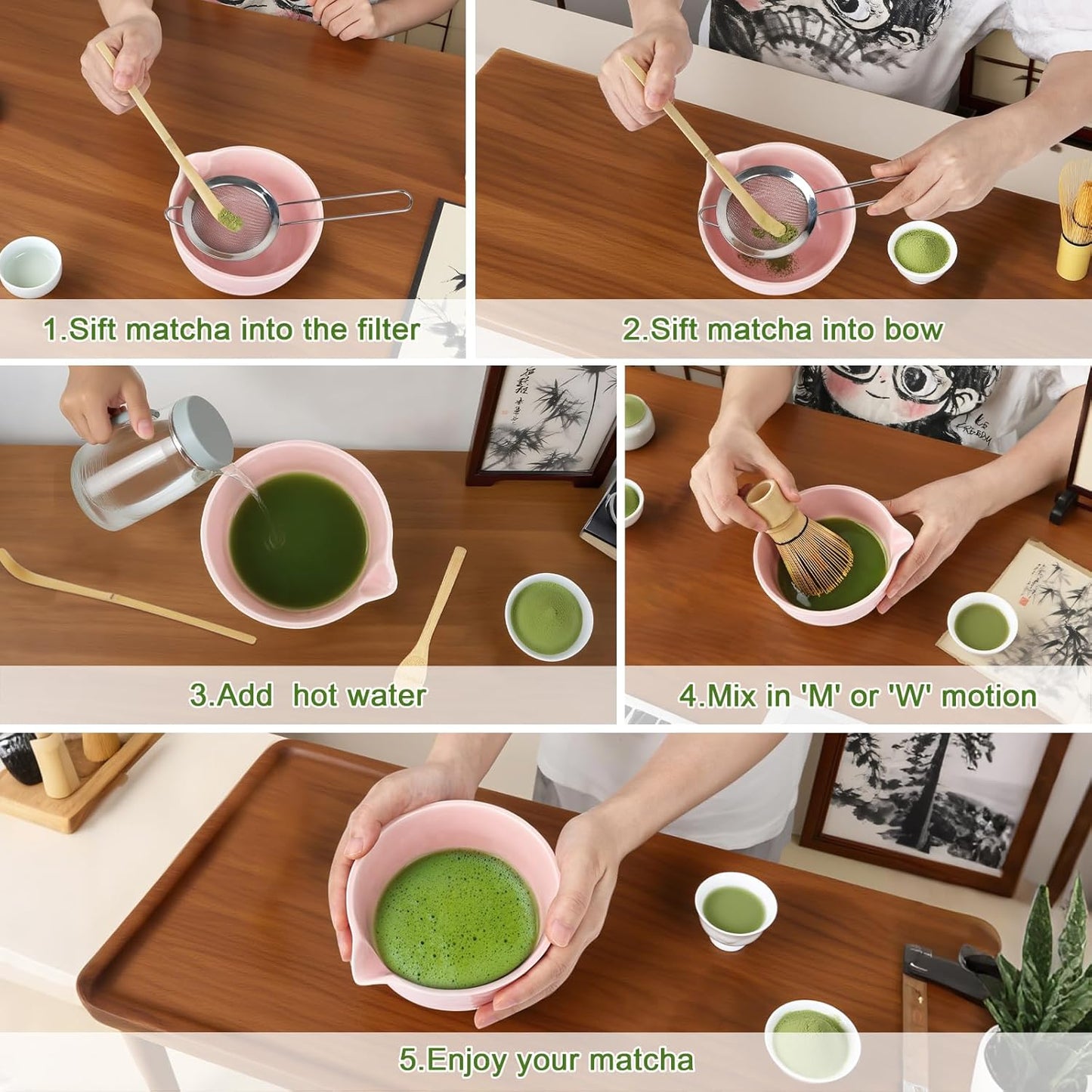 PHILORN Matcha Whisk Set 9Pcs Ceramic Matcha Kit Matcha Bowl with Spout, Whisk, Holder, Bamboo Scoop, Scoop Rest, Sifter and Tea Towe for Matcha Lover and Tea Ceremony (Pink)
