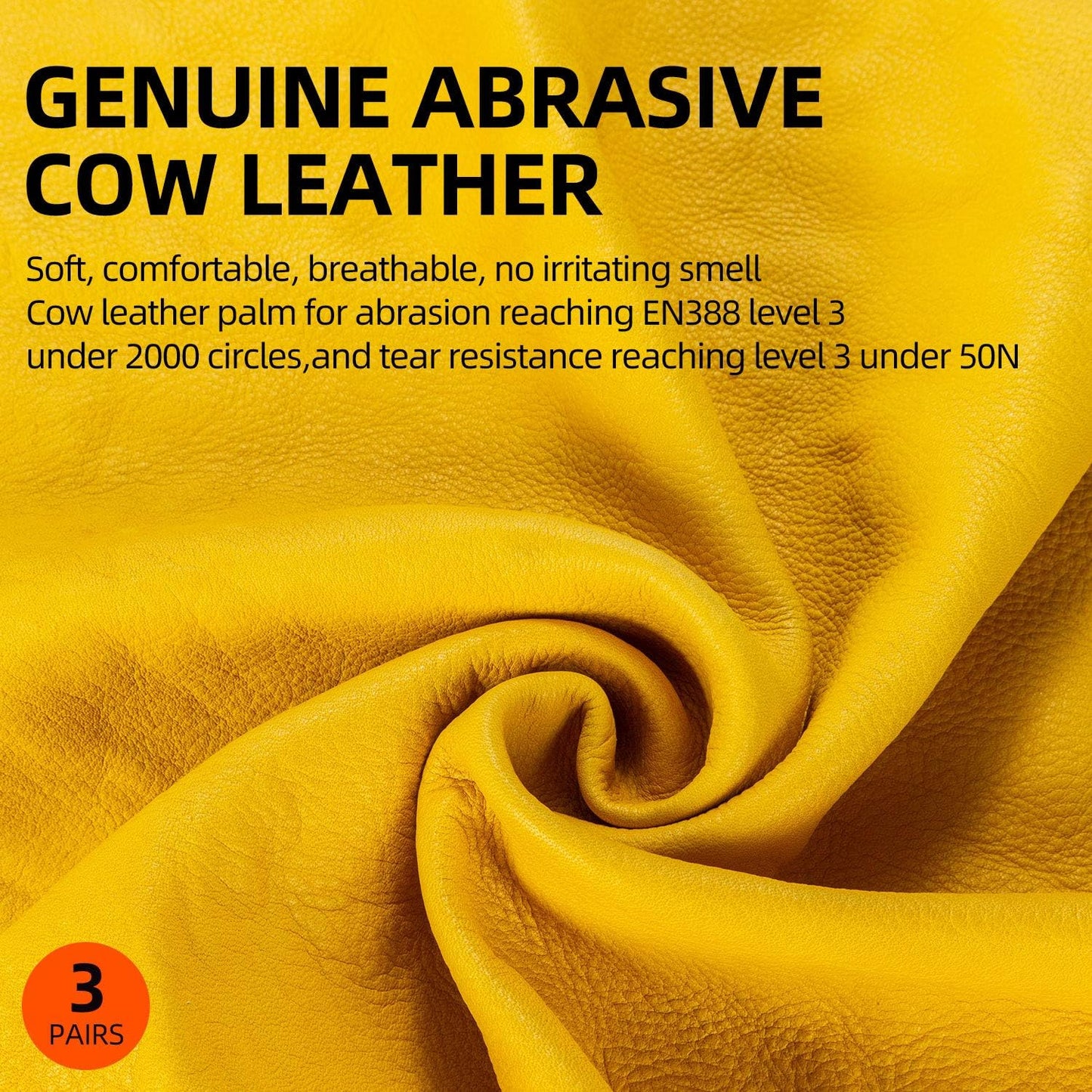 Vgo 3-Pairs Unlined Cow Grain Leather Work and Driver Gloves with Cow Split Leather Palm Patch (Size XL, Gold,CA9590)