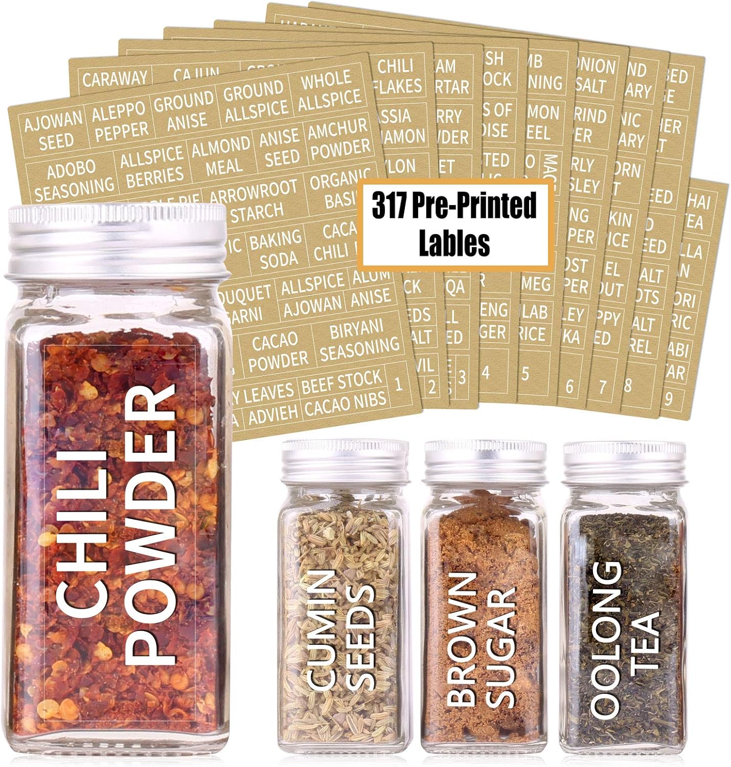 SWOMMOLY 25 Glass Spice Jars with 703 Spice Labels, Chalk Marker and Funnel Complete Set. 25 Square Glass Jars 4OZ, Airtight Cap, Pour/sift Shaker Lid