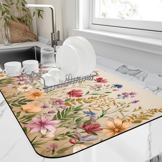Colorful Wildflowers Dish Drying Mat Meadow Flowers Floral Kitchen Mat 16"x24" Bsorbent Coffee Maker Mat for Dishes,Utensils Coffee Maker Pots and Pans Easy Clean Dish Slip Resistant Pad