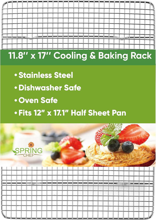 Spring Chef 11.8" x 17" Stainless Steel Cookie Cooling Rack - Oven Safe - Baking Rack for Bacon, BBQ, Jerky, Bread, Pizza, Cake - Fits Half Sheet Roasting Pan - Dishwasher Safe