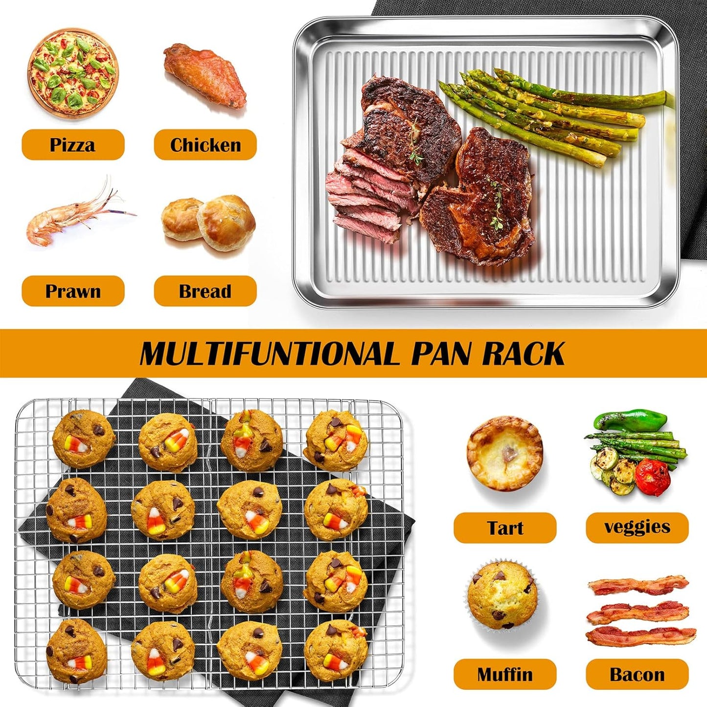 P&P CHEF Baking Oven Pan with Wire Rack, Stainless Steel Baking Oven Sheet Tray, Bacon Pan and Cooling Rack for Cooking Roasting Cookie, Dishwasher Safe & Easy Clean, 16 x 12 x 1 Inch