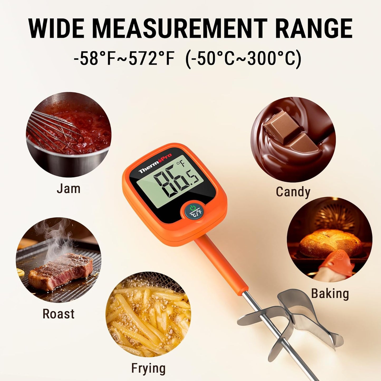 ThermoPro TP509 Candy Thermometer with Pot Clip, 10" Long Probe Instant Read Meat Food Thermometer with LCD, Cooking Oil Thermometer Deep Frying Thermometer for Candy Maple Syrup Sugar Brewing Making