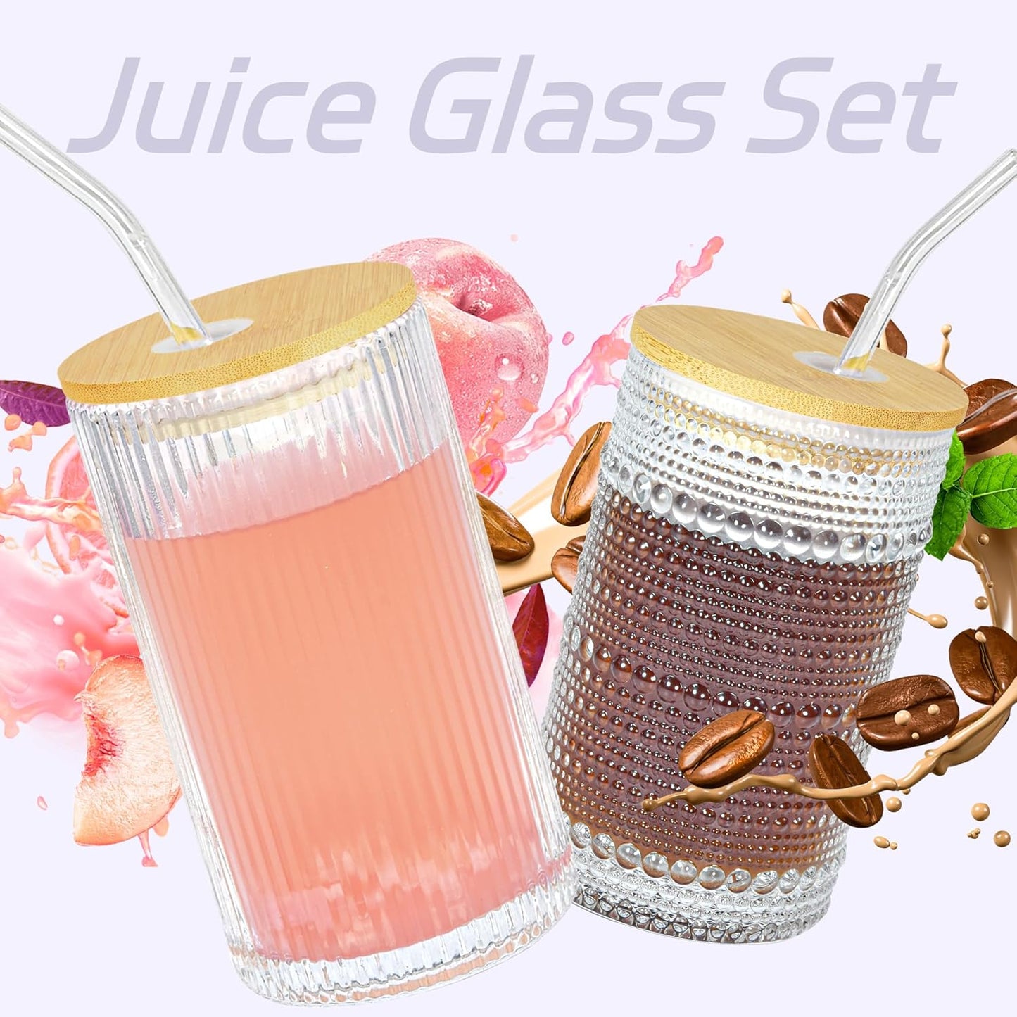 13 oz Drinking Glasses Set of 4 with Bamboo Lids Straws Hobnail Boho Glassware Set Vintage Glass Cups Embossed Iced Coffee Cup for Beer Cocktail Beverage(Hobnail)